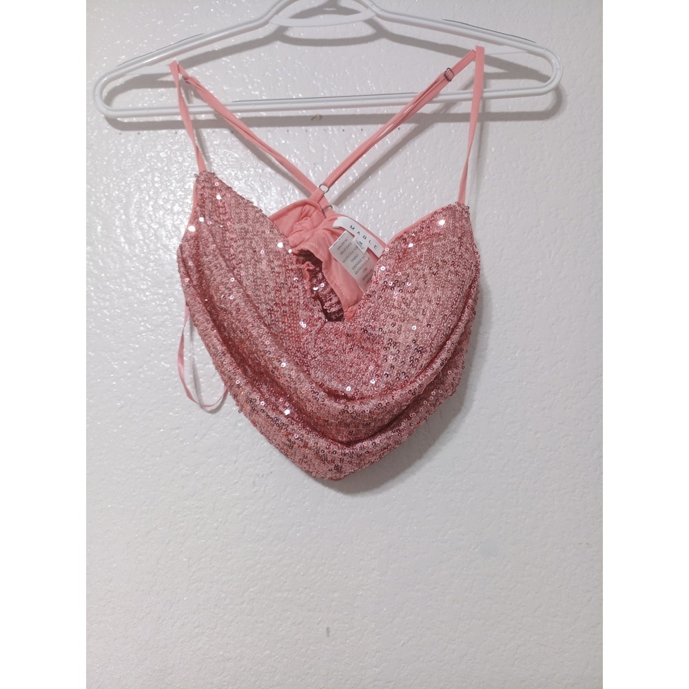 Mable Rose Gold Sequin Cowl Neck Crop Top Shimmer Party Festival Tank M (85) - Picture 2 of 6